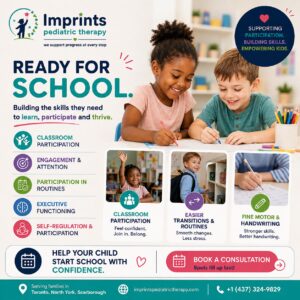 Occupational therapist helping child with pencil grip and fine motor skills for school readiness in North York Toronto clinic