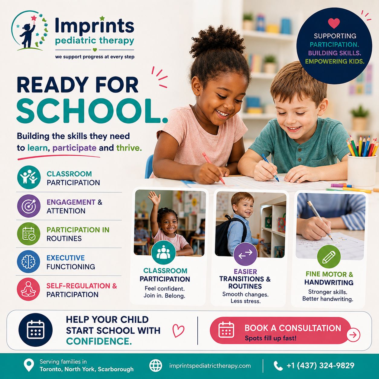 Occupational therapist helping child with pencil grip and fine motor skills for school readiness in North York Toronto clinic